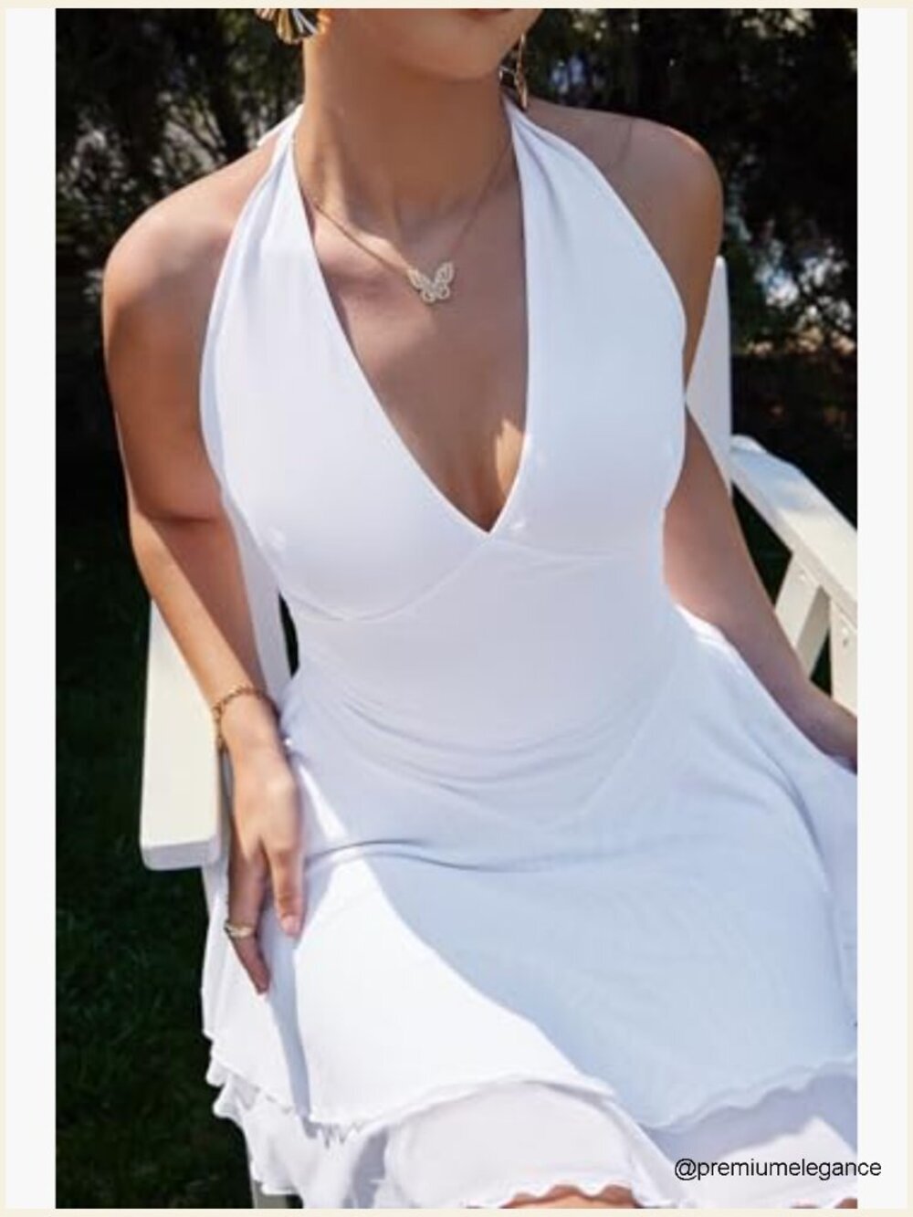 Sleeveless Halter V Neck Ruched Waist Mesh Tiered Ruffle Hem Mini Dress - Picture 5 of 7